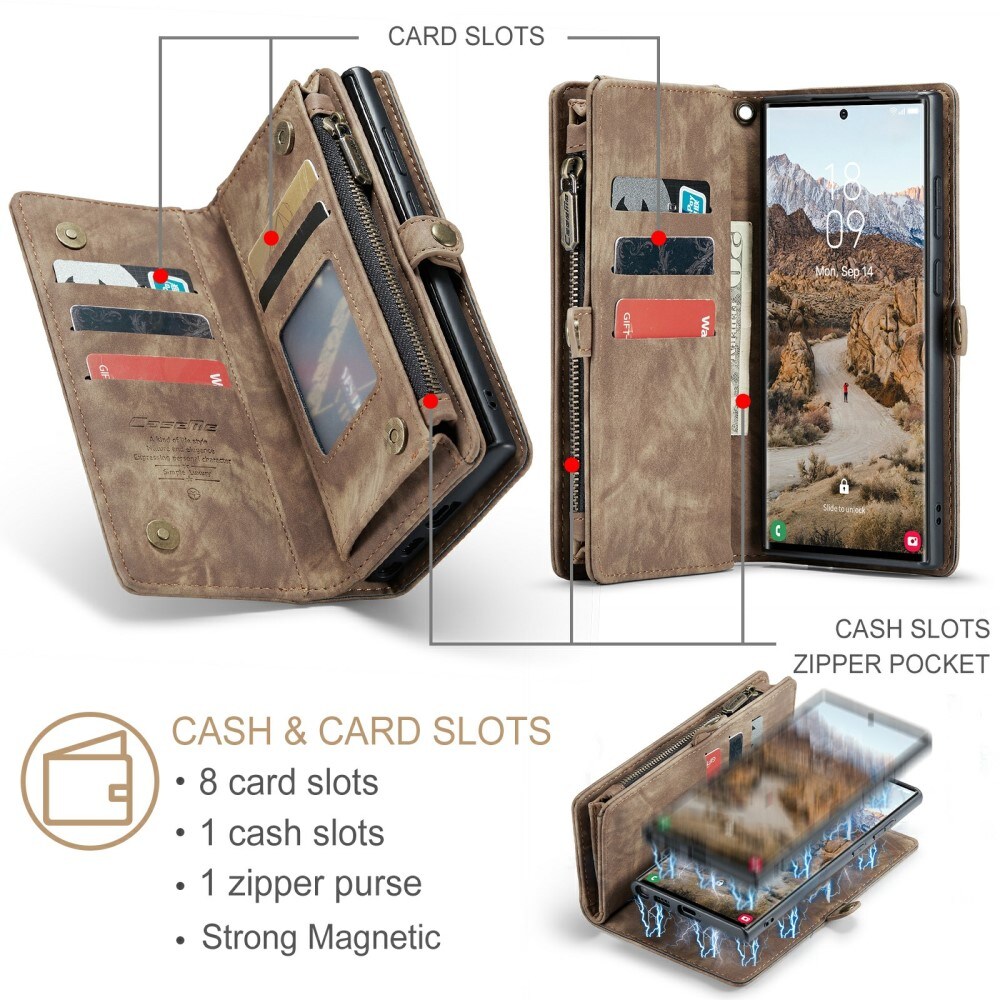 Samsung Galaxy S24 Ultra Rummeligt pungetui med mange kortholdere, Brun