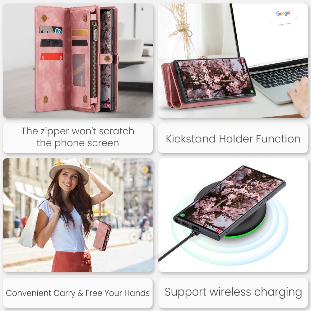Samsung Galaxy S24 Ultra Rummeligt pungetui med mange kortholdere, Lyserød