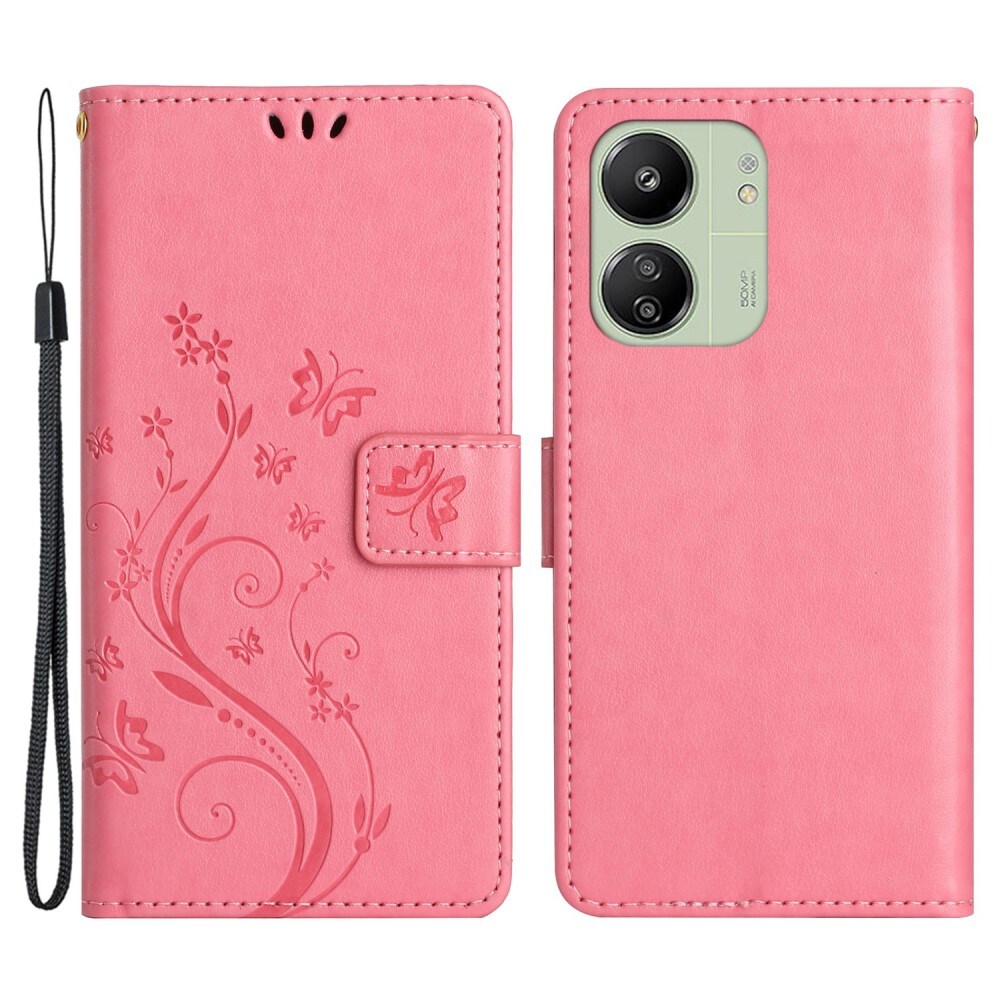 Xiaomi Redmi 13C Mobiletui med sommerfugle, Lyserød