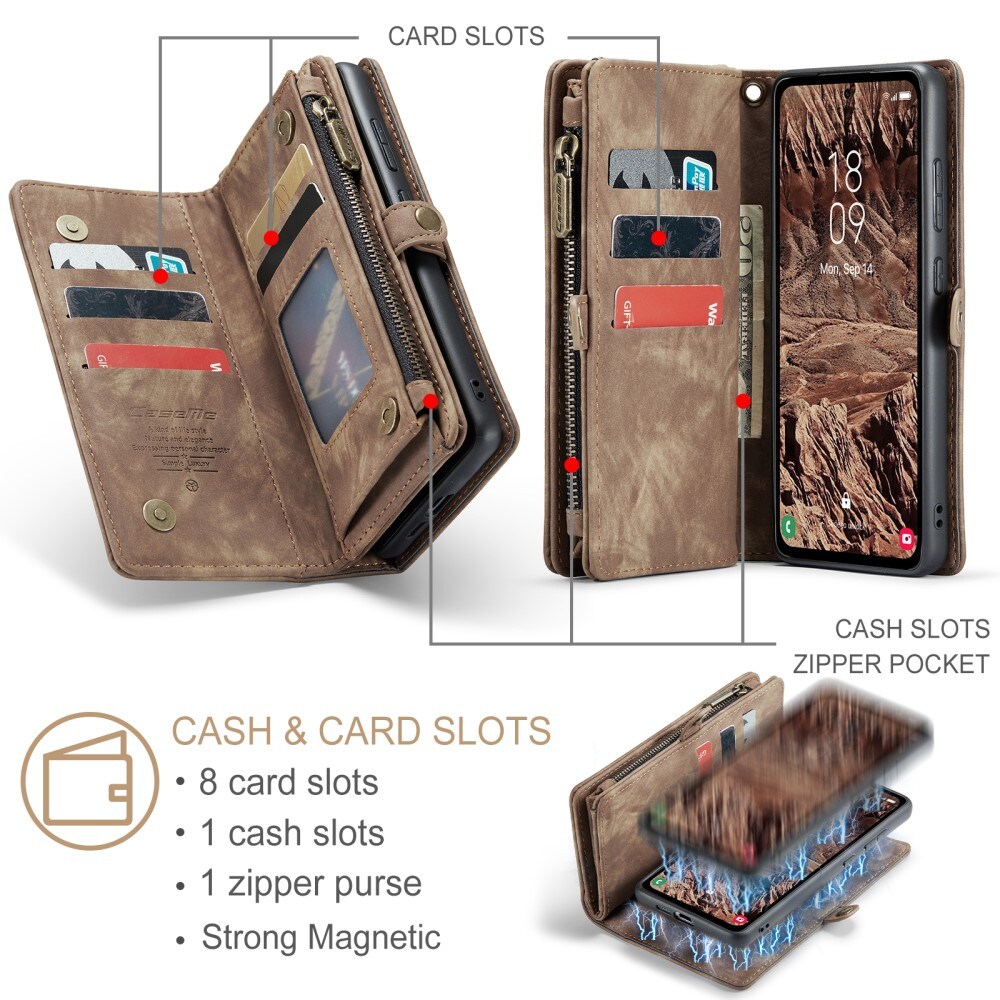 Samsung Galaxy A55 Rummeligt pungetui med mange kortholdere, Brun