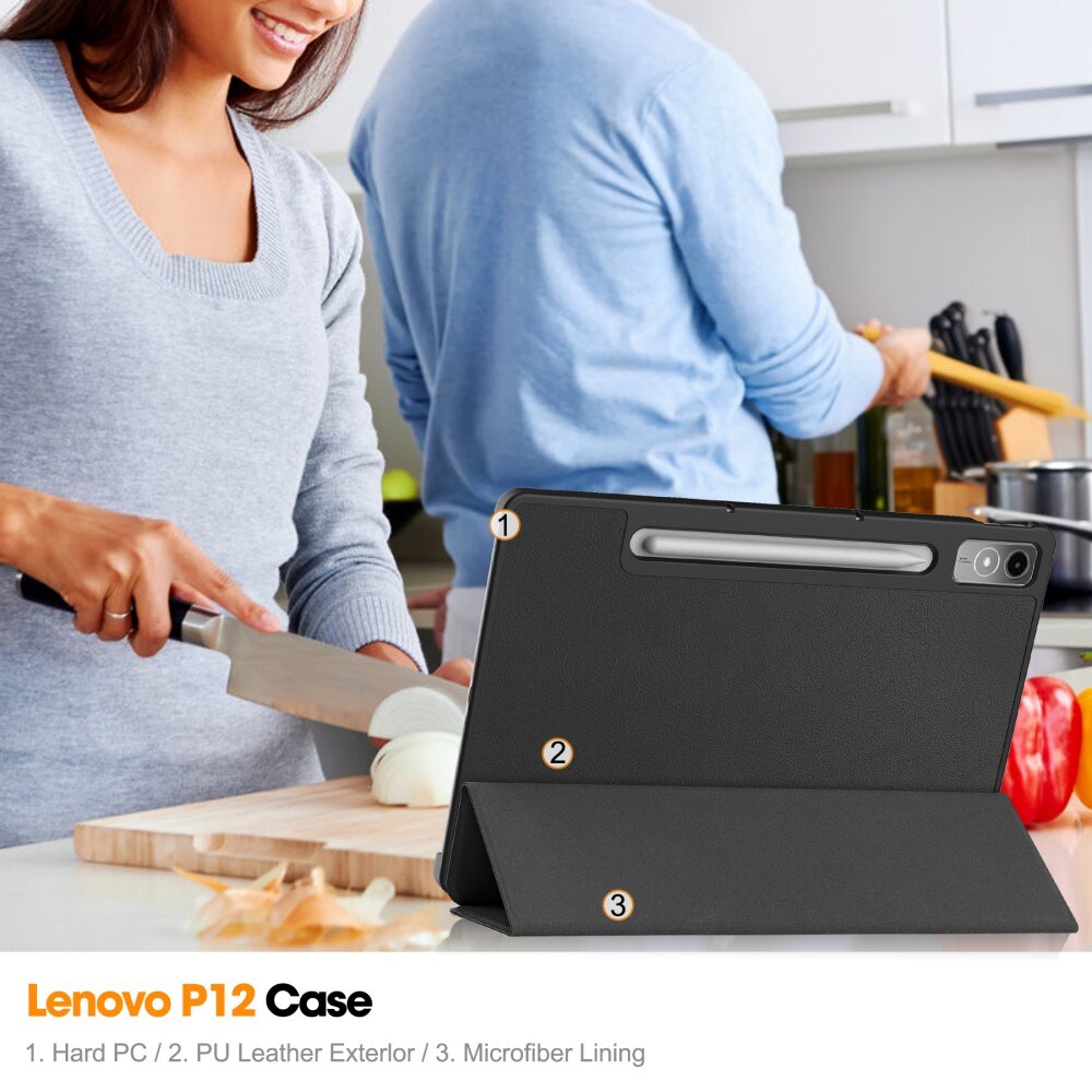  Lenovo Tab P12 Tri-fold etui med penneholder, Sort