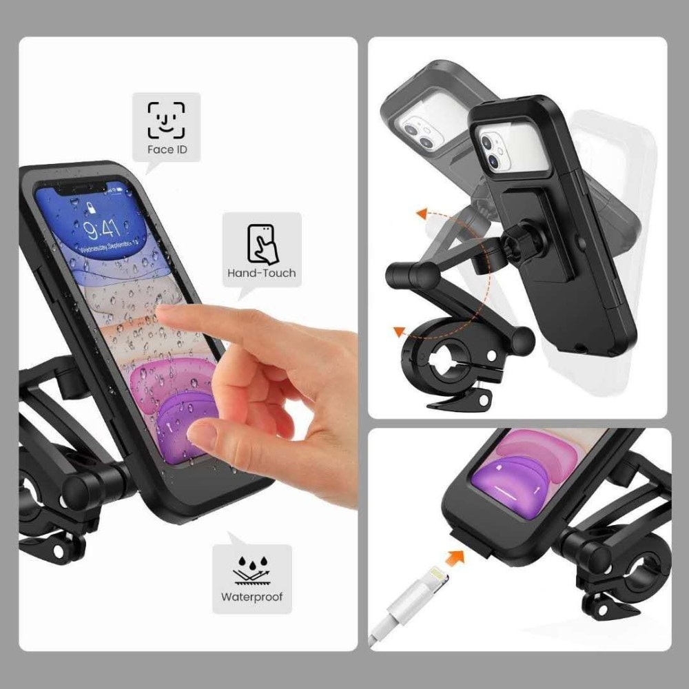 Drejelig, vandtæt mobilholder til motorcykel-/cykelstyr, Sort