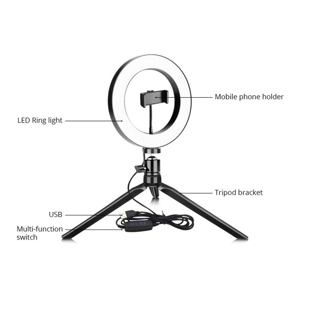 LED-ringlys med stativ, Sort