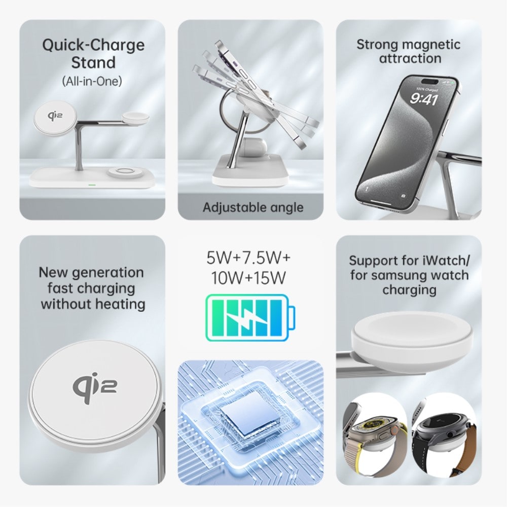Qi2 Magnetisk trådløs opladningsstation 3-i-1, Hvid