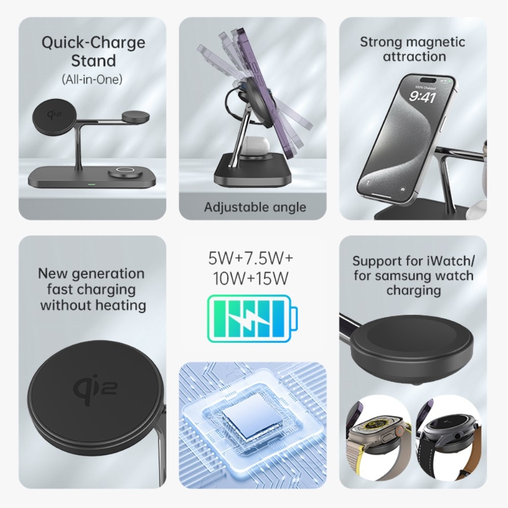 Apple iPhone 16 Qi2 magnetisk trådløs opladningsstation 3-i-1, Sort