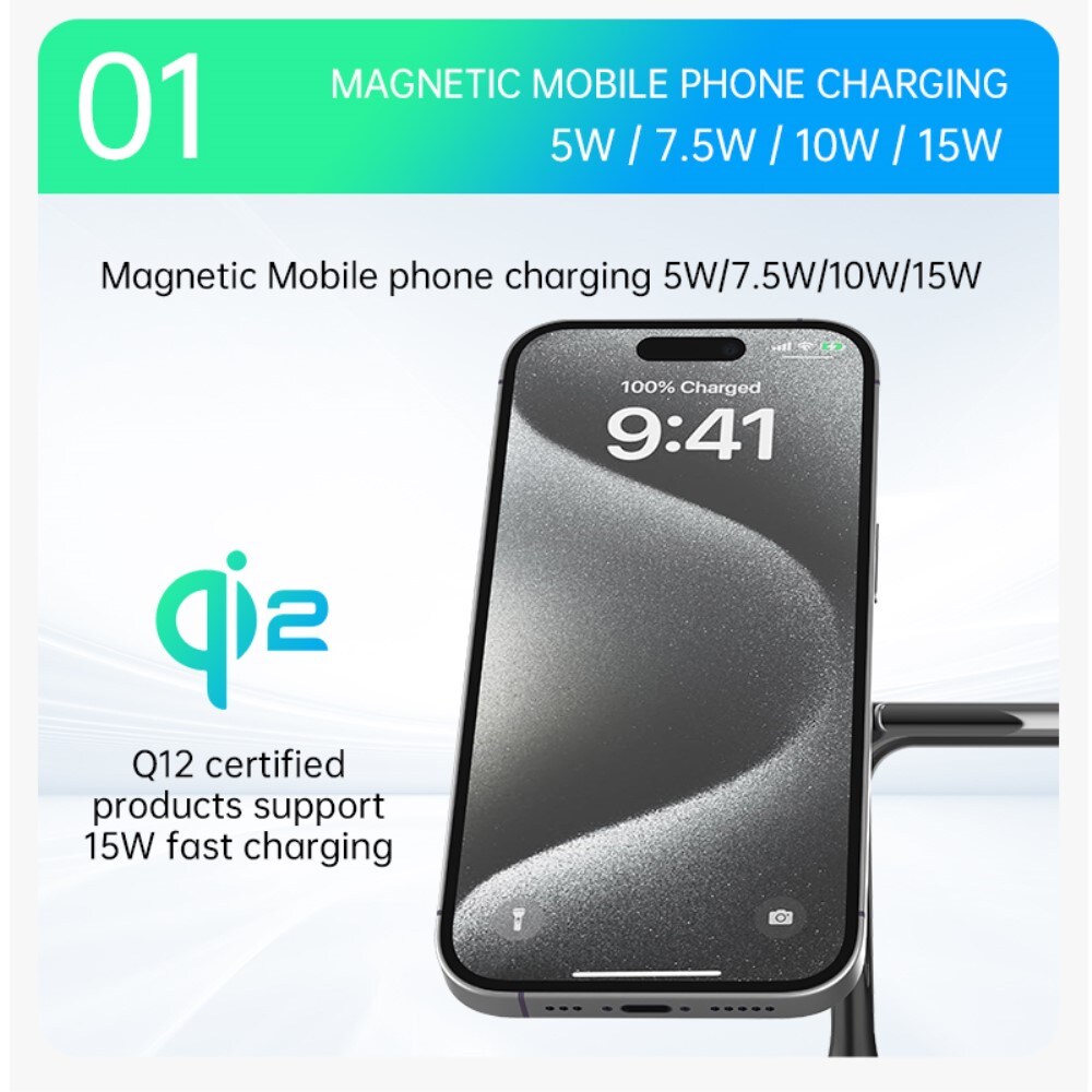 Apple iPhone 16 Qi2 magnetisk trådløs opladningsstation 3-i-1, Sort