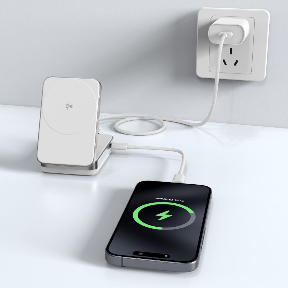 Compact Qi2 Magnetisk trådløs foldbar opladningsstander 2-i-1, Hvid