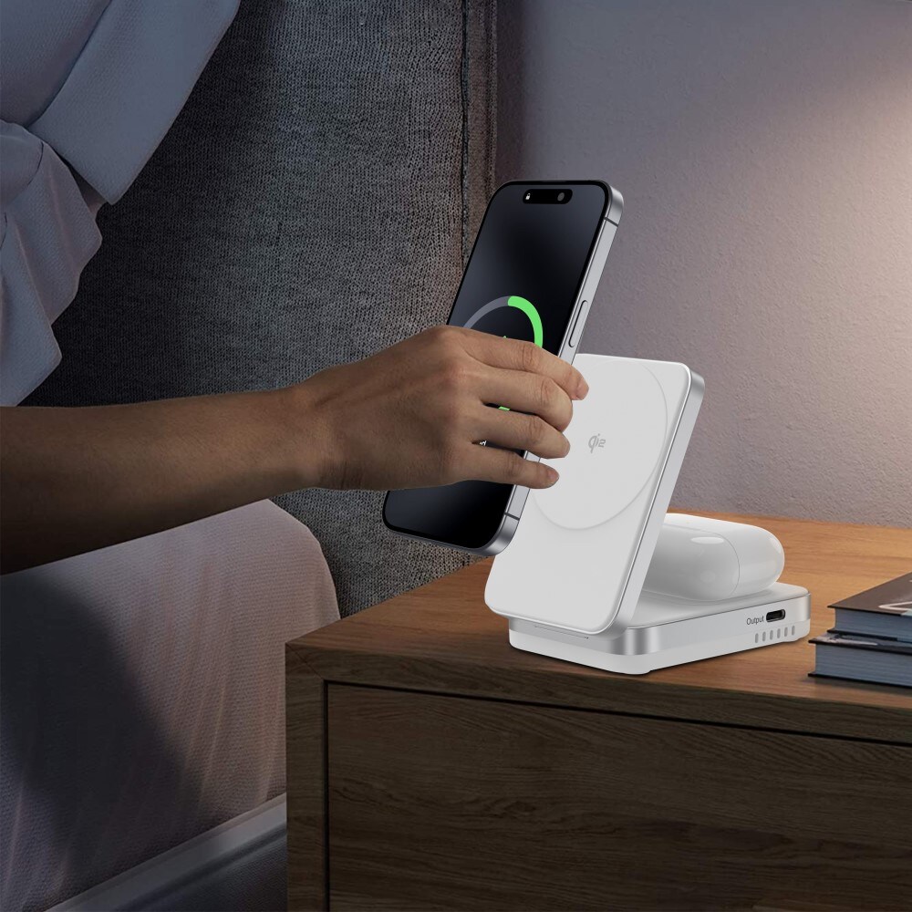 Compact Qi2 Magnetisk trådløs foldbar opladningsstander 2-i-1, Hvid