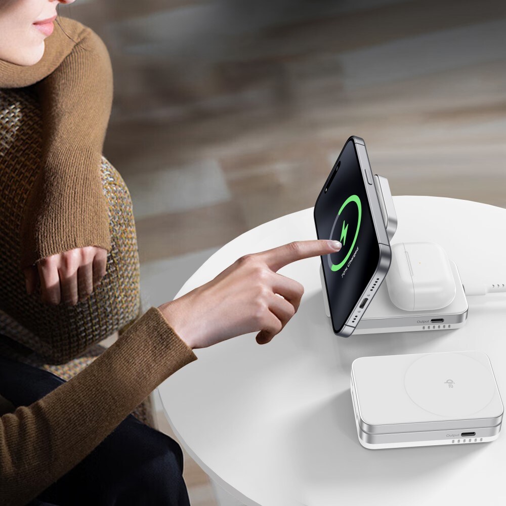 Compact Qi2 Magnetisk trådløs foldbar opladningsstander 2-i-1, Hvid