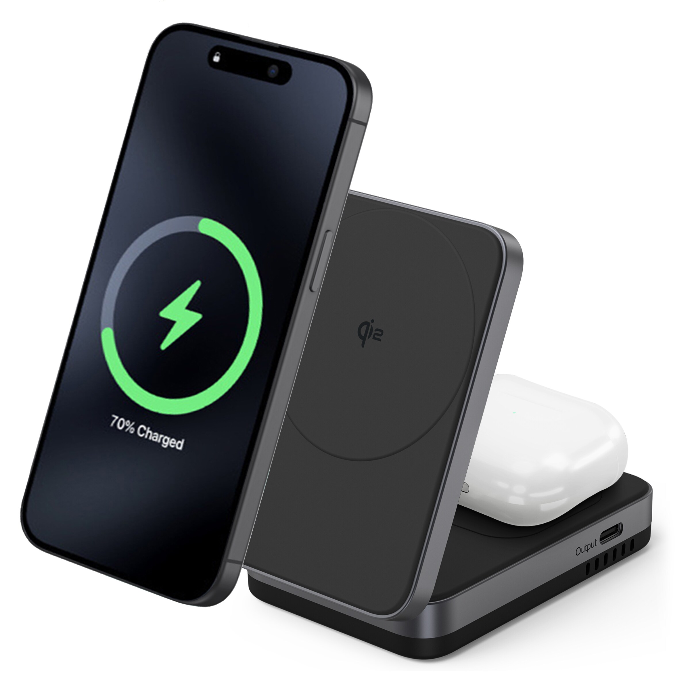 Compact Qi2 Magnetisk trådløs foldbar opladningsstander 2-i-1, Sort