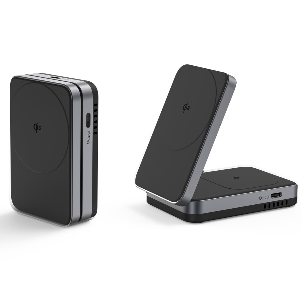 Compact Qi2 Magnetisk trådløs foldbar opladningsstander 2-i-1, Sort