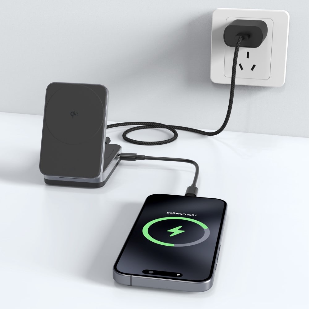 Compact Qi2 Magnetisk trådløs foldbar opladningsstander 2-i-1, Sort