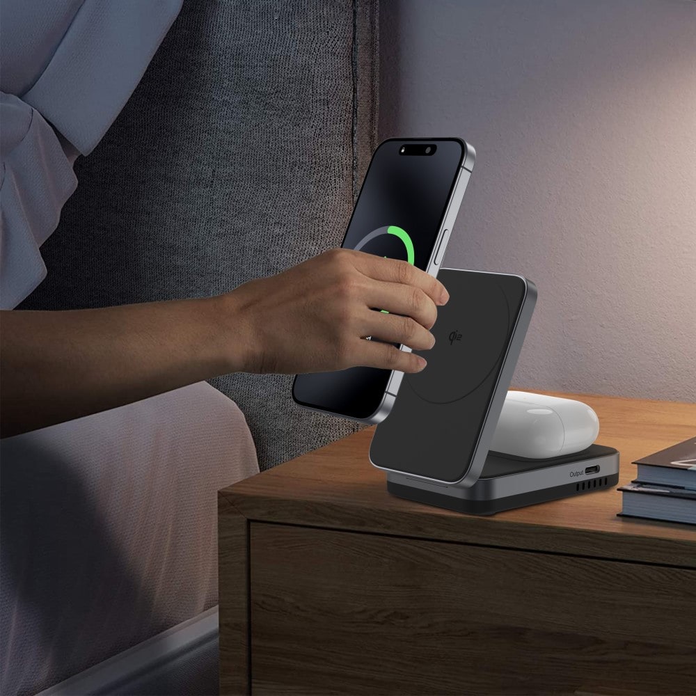 Compact Qi2 Magnetisk trådløs foldbar opladningsstander 2-i-1, Sort