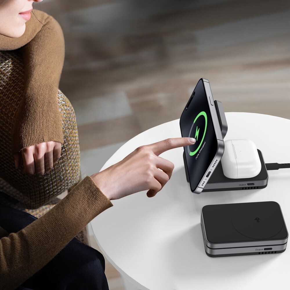 Compact Qi2 Magnetisk trådløs foldbar opladningsstander 2-i-1, Sort