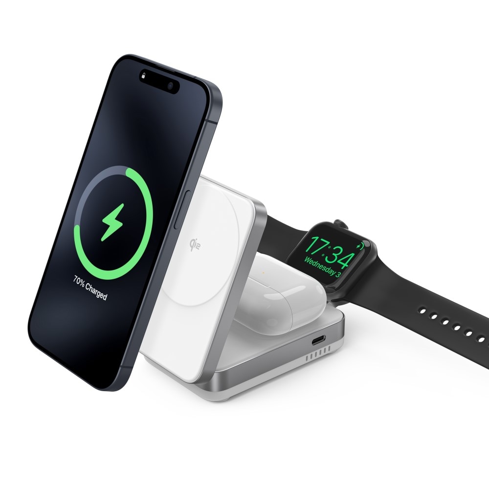 Compact Qi2 Magnetisk trådløs foldbar opladningsstander 3-i-1, Hvid