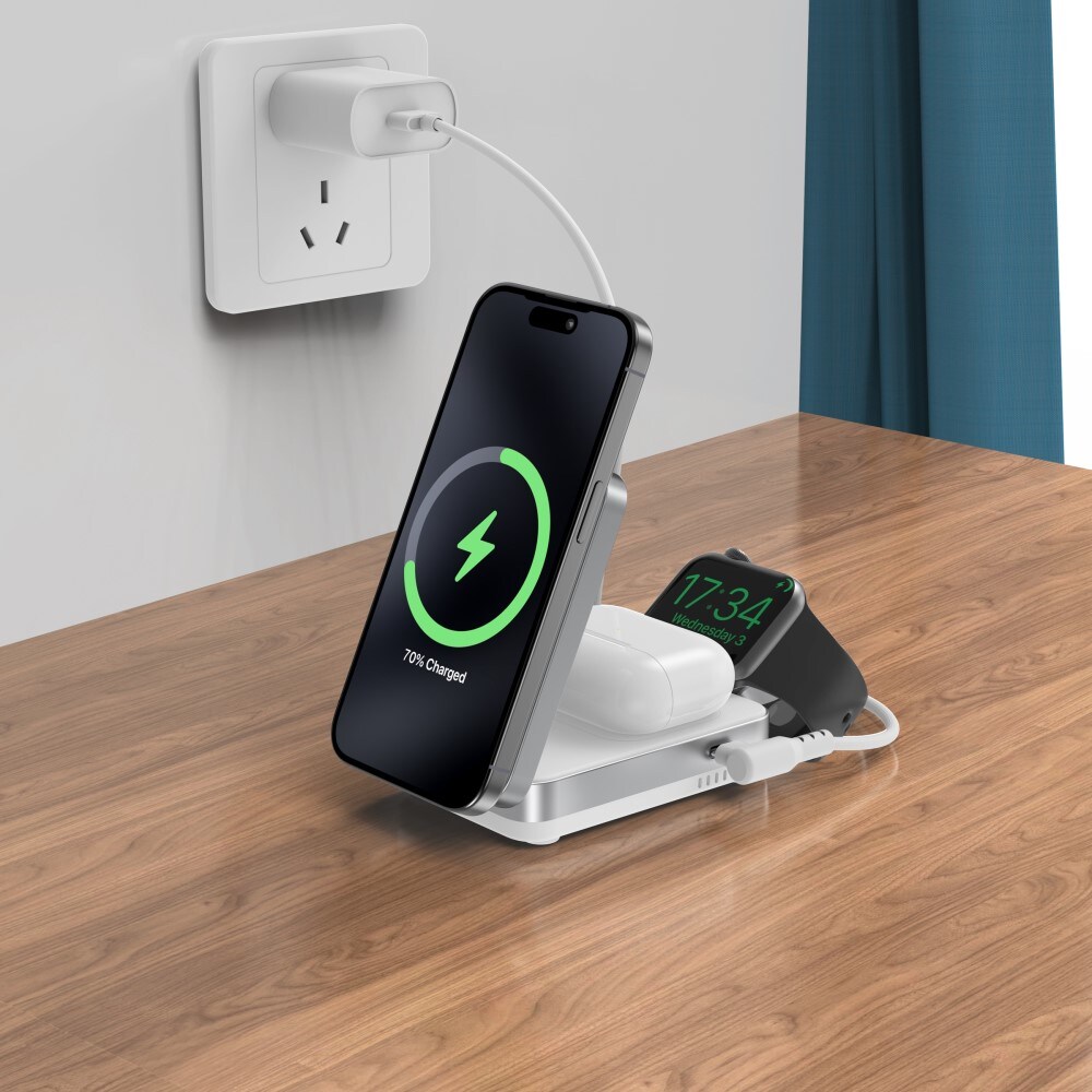 Compact Qi2 Magnetisk trådløs foldbar opladningsstander 3-i-1, Hvid
