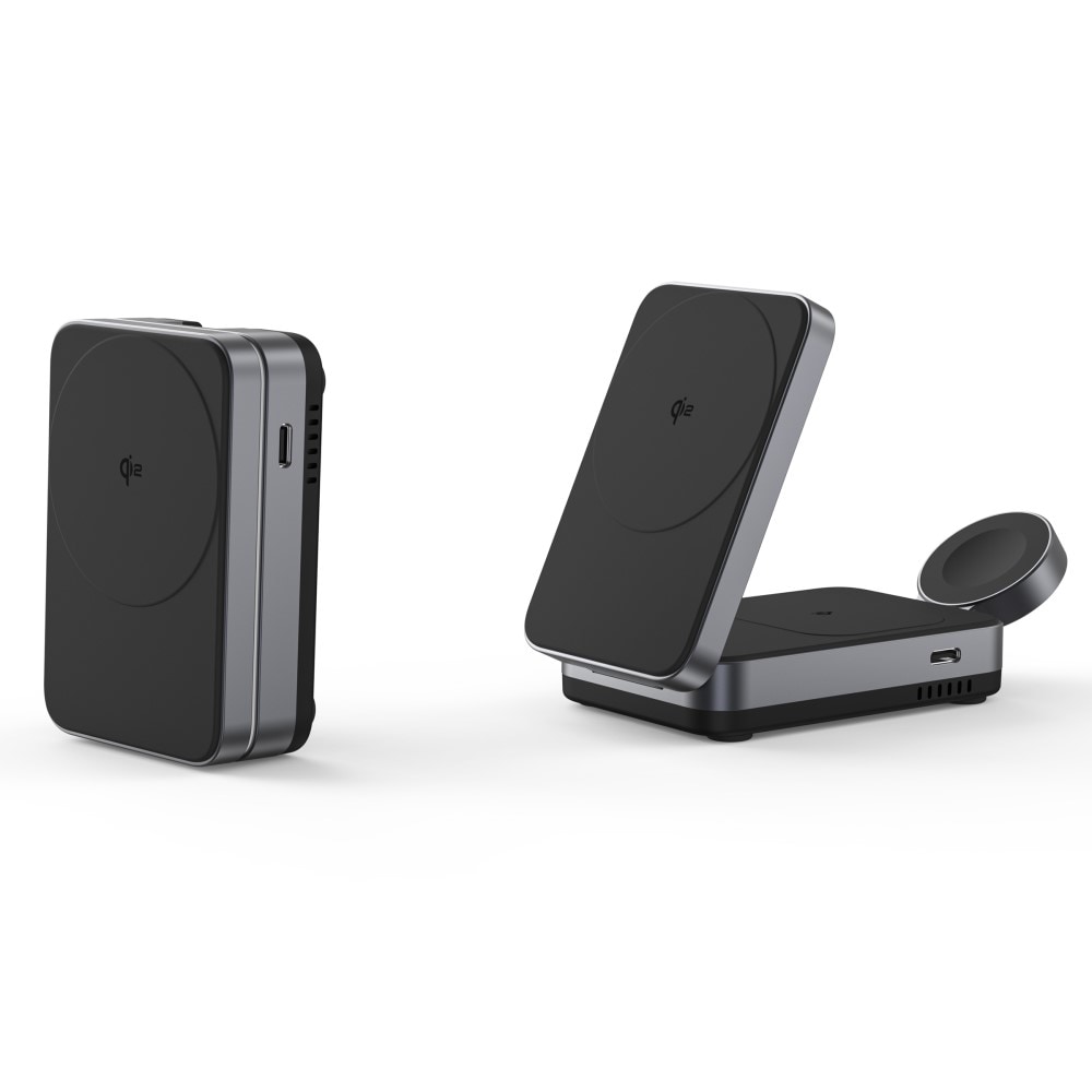 Compact Qi2 Magnetisk trådløs foldbar opladningsstander 3-i-1, Sort