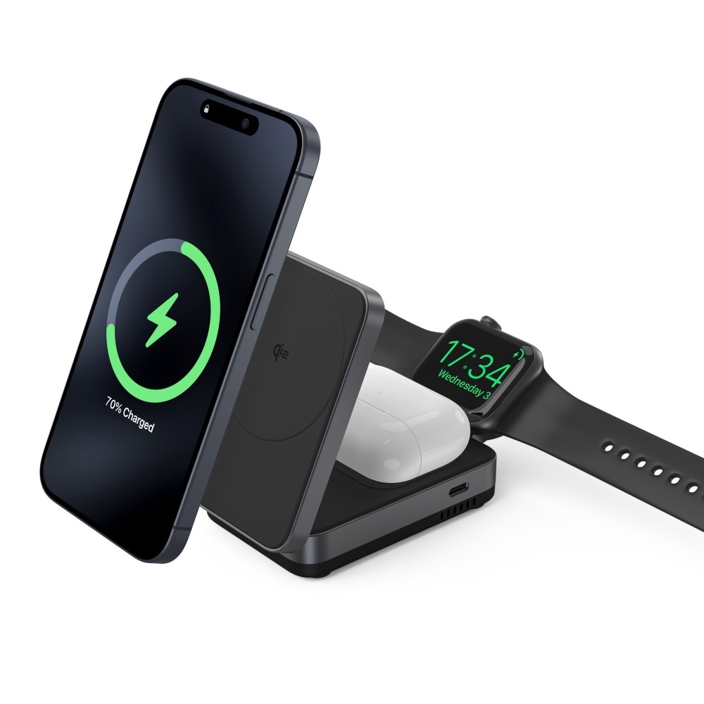 Compact Qi2 Magnetisk trådløs foldbar opladningsstander 3-i-1, Sort