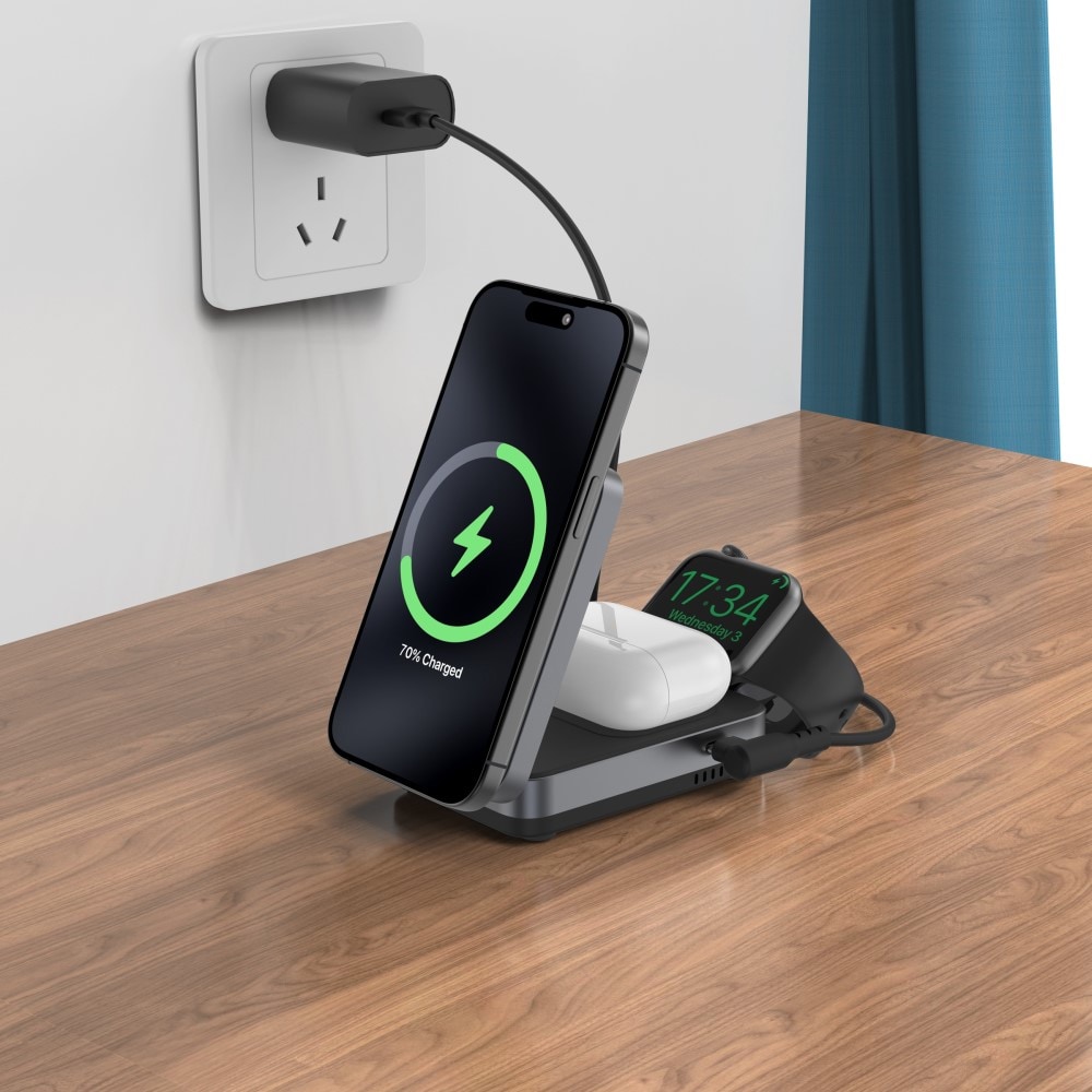 Compact Qi2 Magnetisk trådløs foldbar opladningsstander 3-i-1, Sort