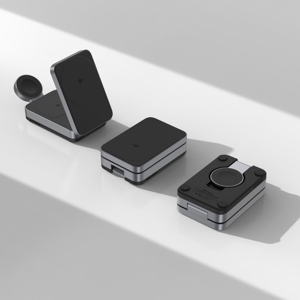 Compact Qi2 Magnetisk trådløs foldbar opladningsstander 3-i-1, Sort