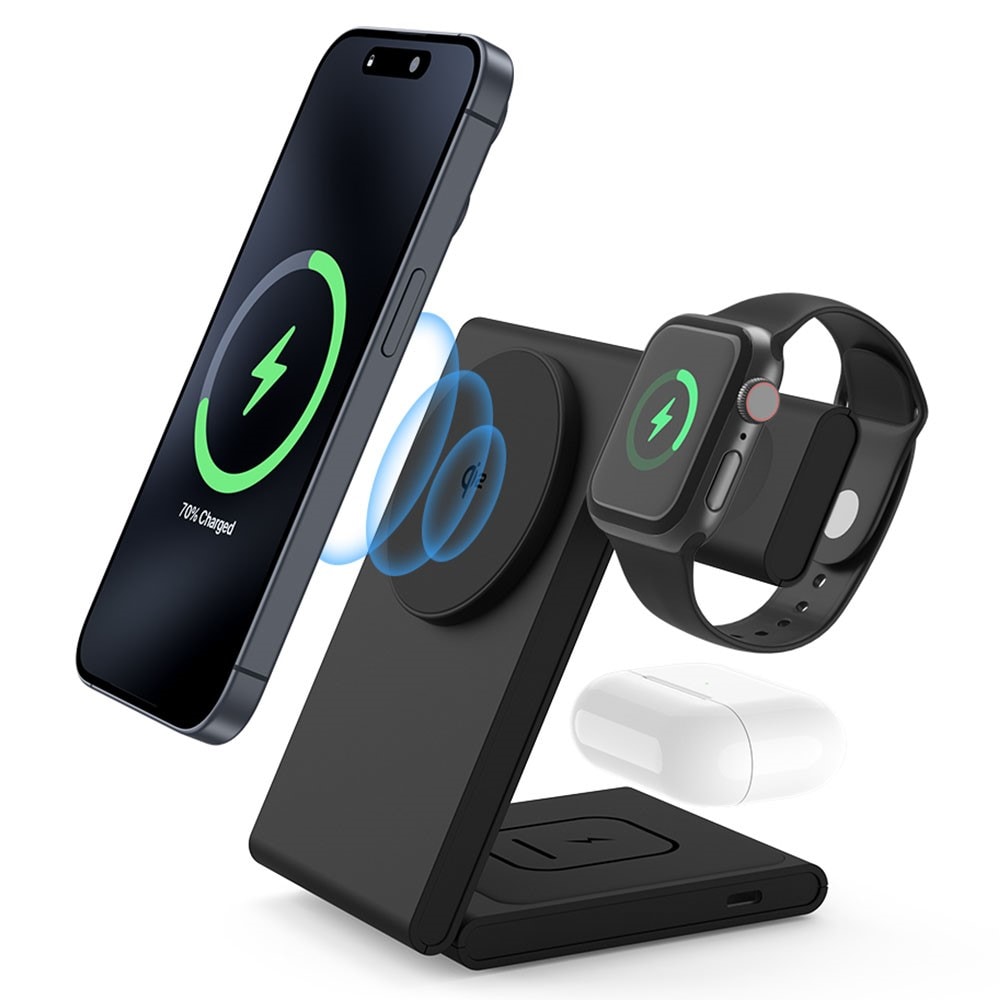 Modern Qi2 magnetisk trådløs foldbar opladningsstander 3-i-1, Sort