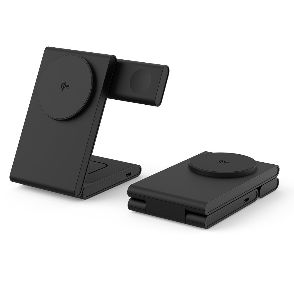 Modern Qi2 magnetisk trådløs foldbar opladningsstander 3-i-1, Sort