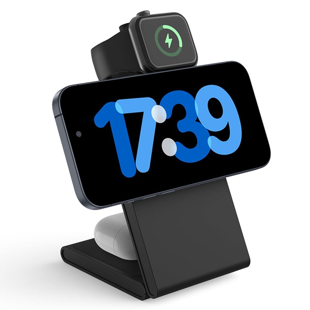 Modern Qi2 magnetisk trådløs foldbar opladningsstander 3-i-1, Sort