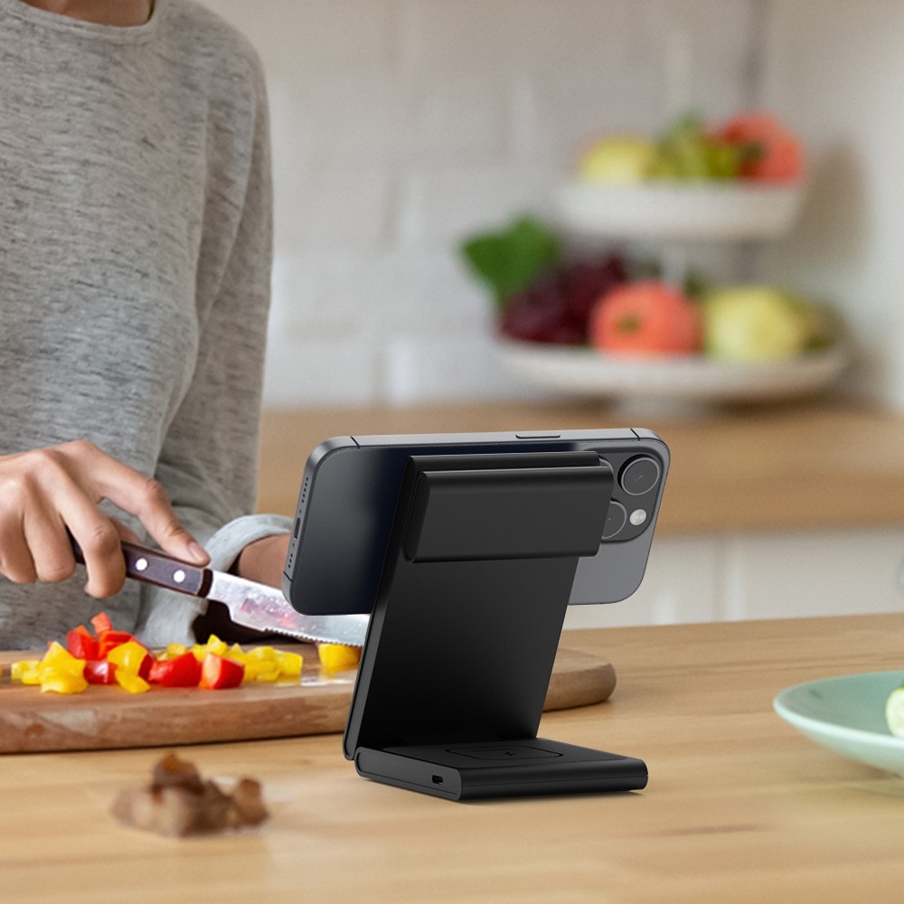 Modern Qi2 magnetisk trådløs foldbar opladningsstander 3-i-1, Sort