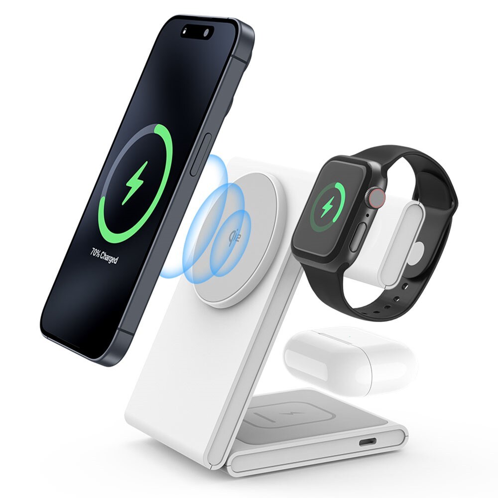 Modern Qi2 magnetisk trådløs foldbar opladningsstander 3-i-1, Hvid