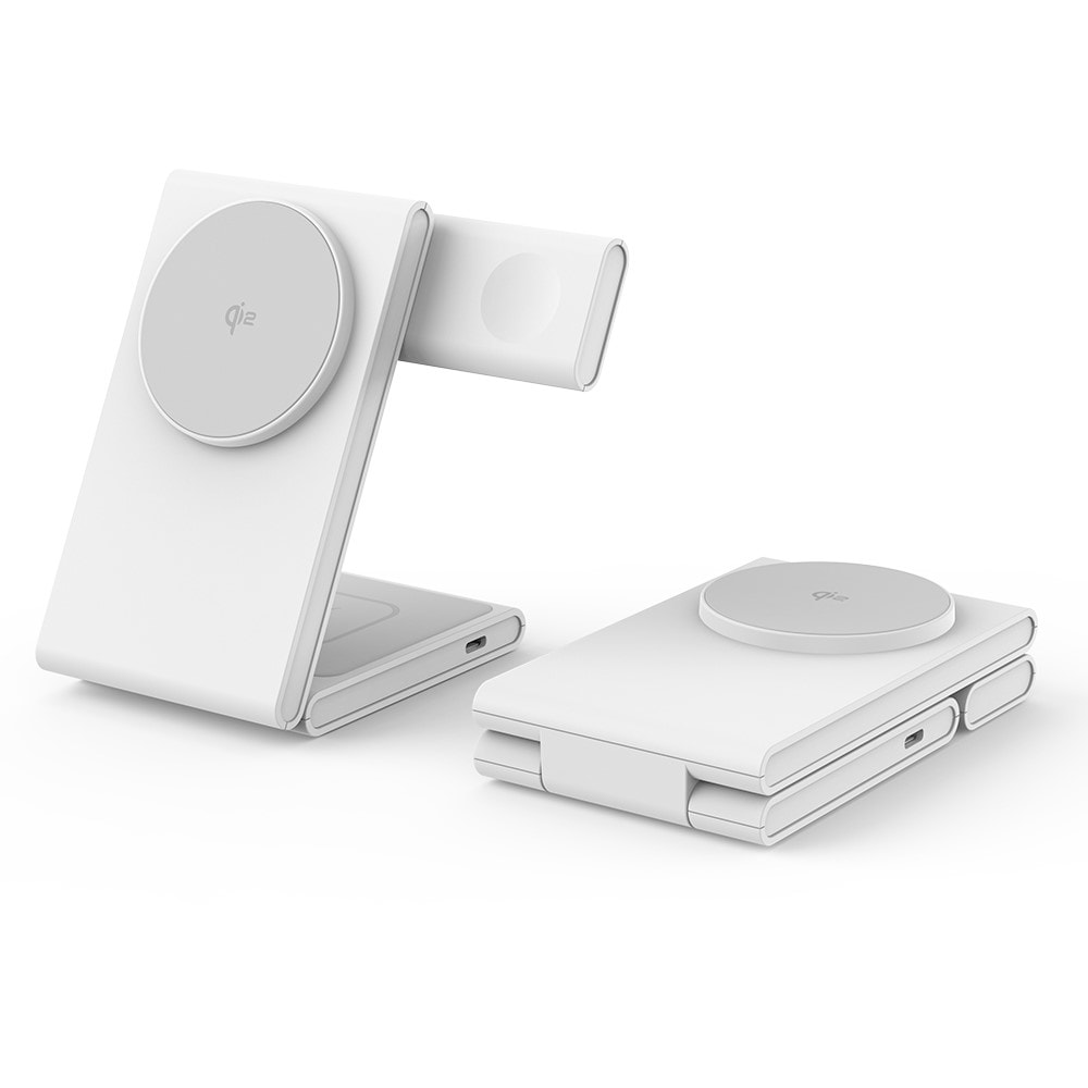 Modern Qi2 magnetisk trådløs foldbar opladningsstander 3-i-1, Hvid