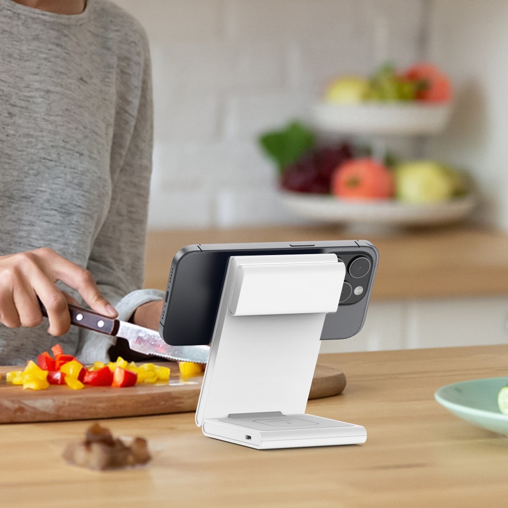 Modern Qi2 magnetisk trådløs foldbar opladningsstander 3-i-1, Hvid