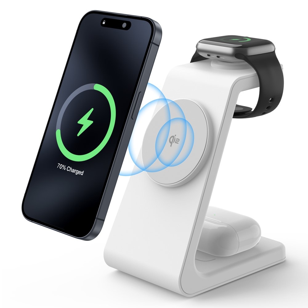 Modern Qi2 magnetisk trådløs opladningsstander 3-i-1, Hvid