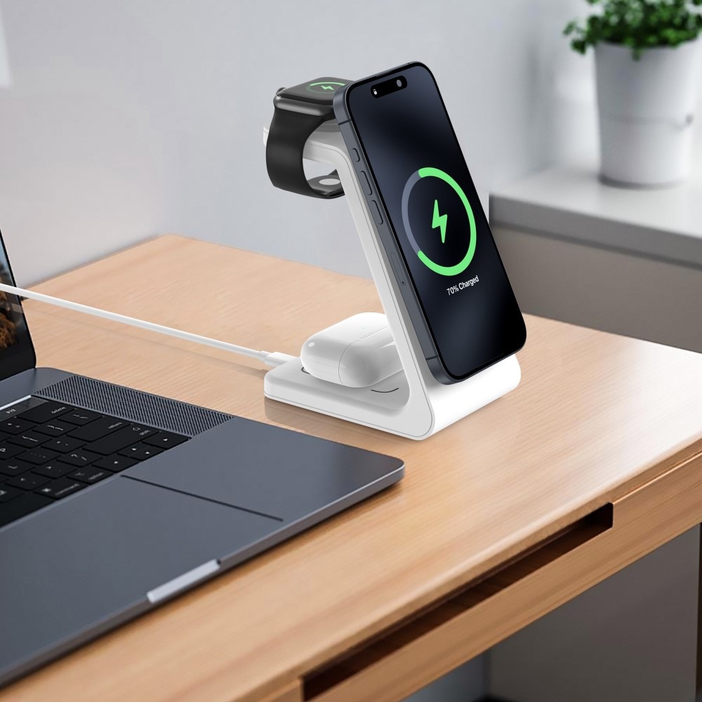 Modern Qi2 magnetisk trådløs opladningsstander 3-i-1, Hvid