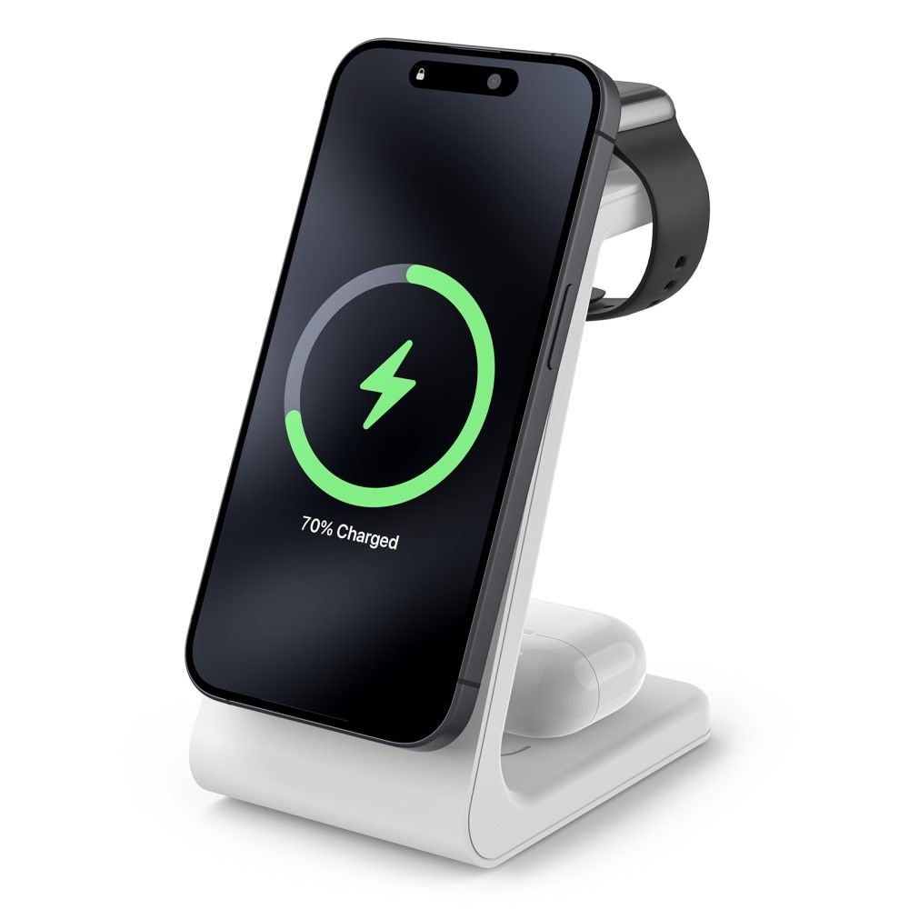 Modern Qi2 magnetisk trådløs opladningsstander 3-i-1, Hvid