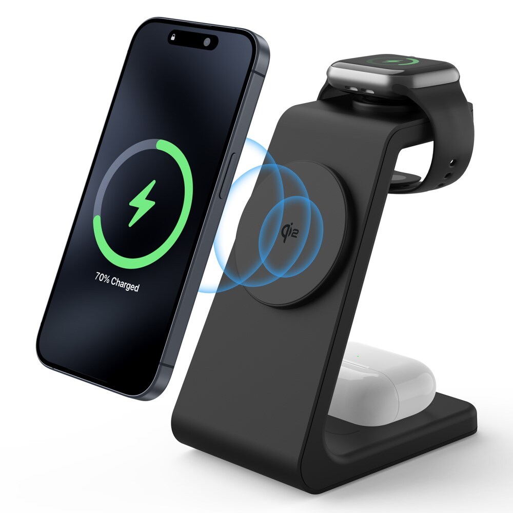 Modern Qi2 magnetisk trådløs opladningsstander 3-i-1, Sort