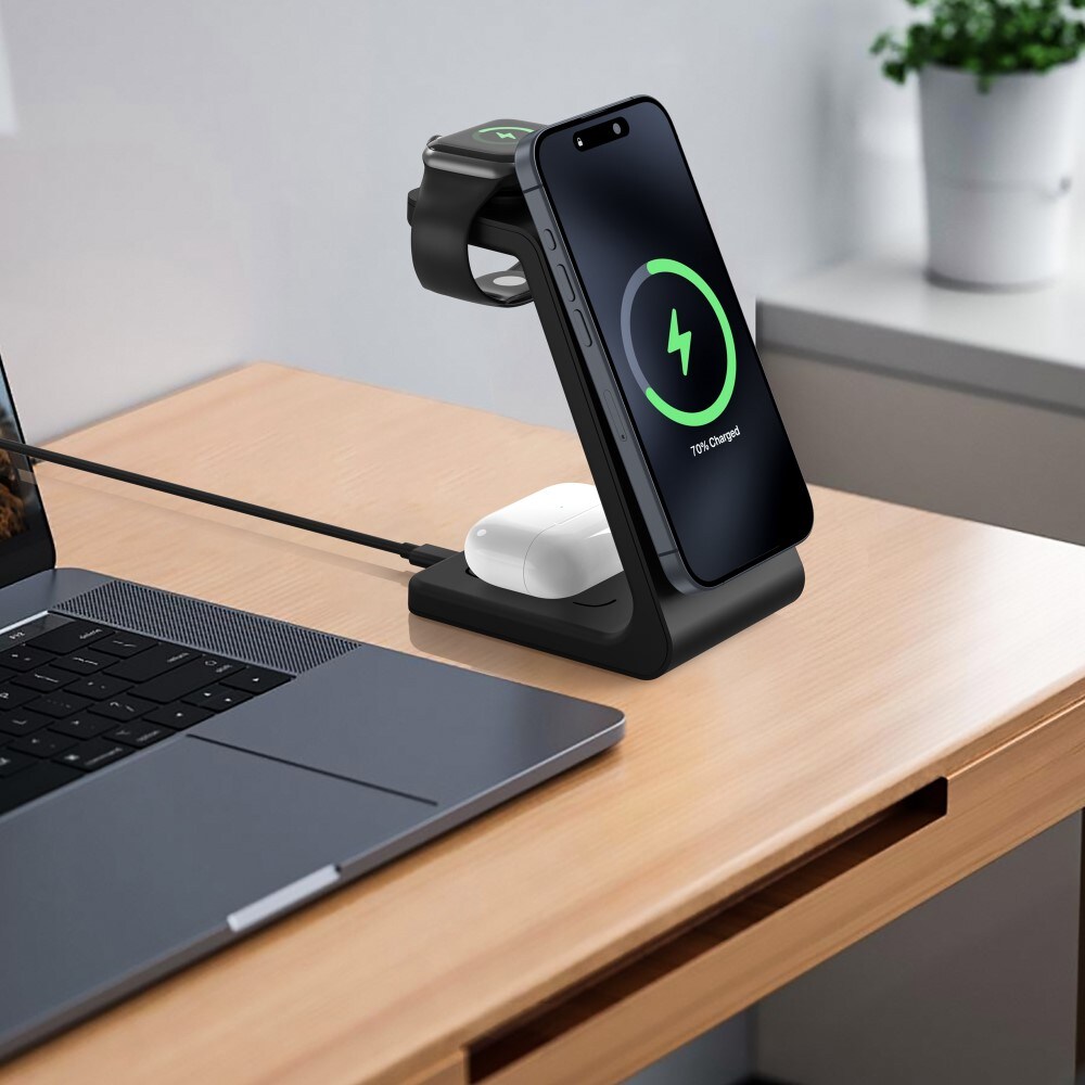 Modern Qi2 magnetisk trådløs opladningsstander 3-i-1, Sort