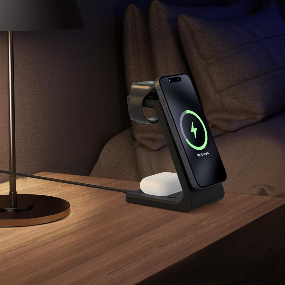 Modern Qi2 magnetisk trådløs opladningsstander 3-i-1, Sort