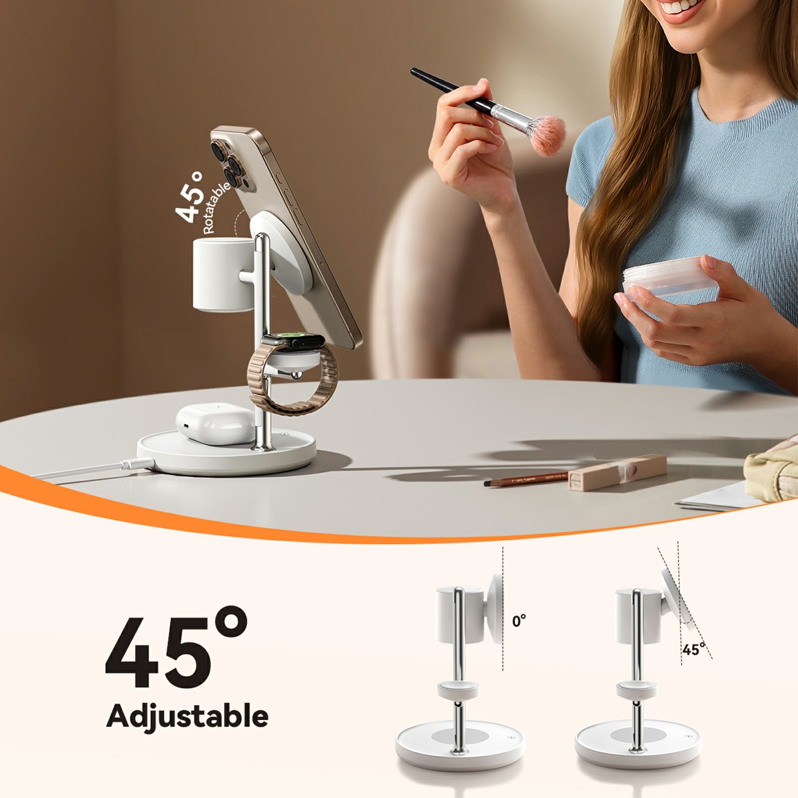 4-i-1 Trådløs Magnetisk Ladestativ Qi2 med Natlampe, Hvid