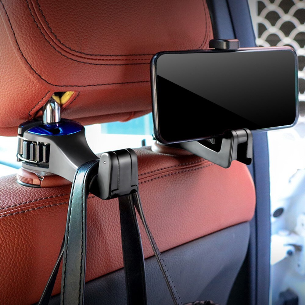 Mobilholder med krog til nakkestøtte i bilen, Sort
