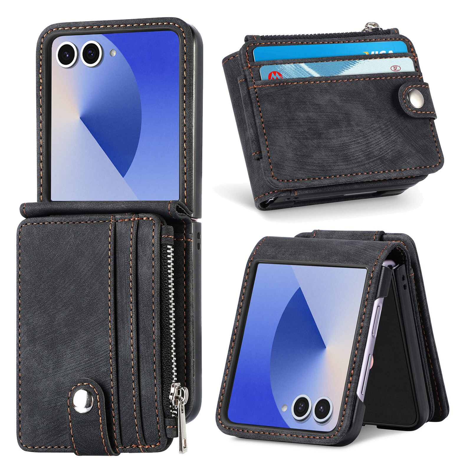 Samsung Galaxy Z Flip 7 Pung-etui med kortholdere og lynlås Sort