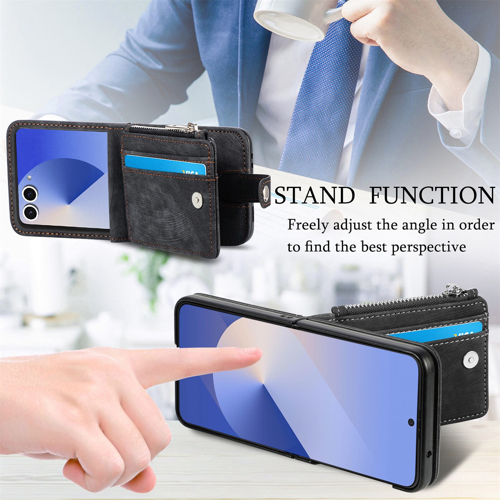 Samsung Galaxy Z Flip 7 Pung-etui med kortholdere og lynlås Sort