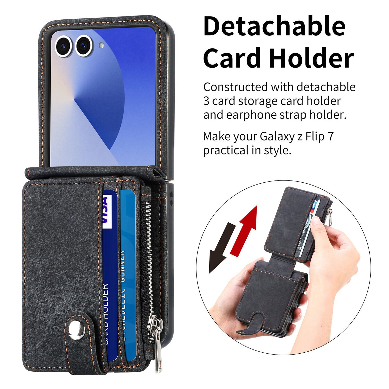 Samsung Galaxy Z Flip 7 Pung-etui med kortholdere og lynlås Sort