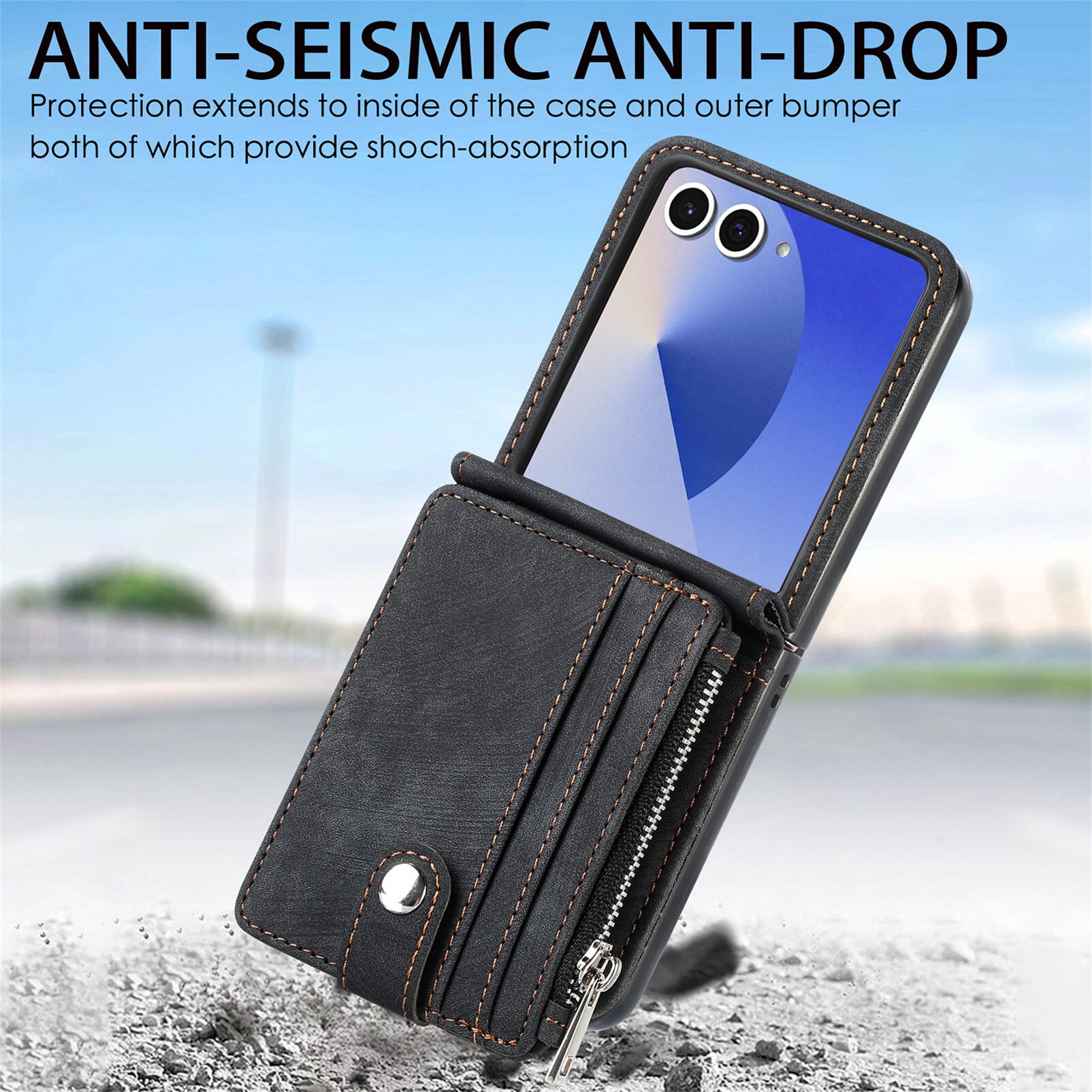 Samsung Galaxy Z Flip 7 Pung-etui med kortholdere og lynlås Sort