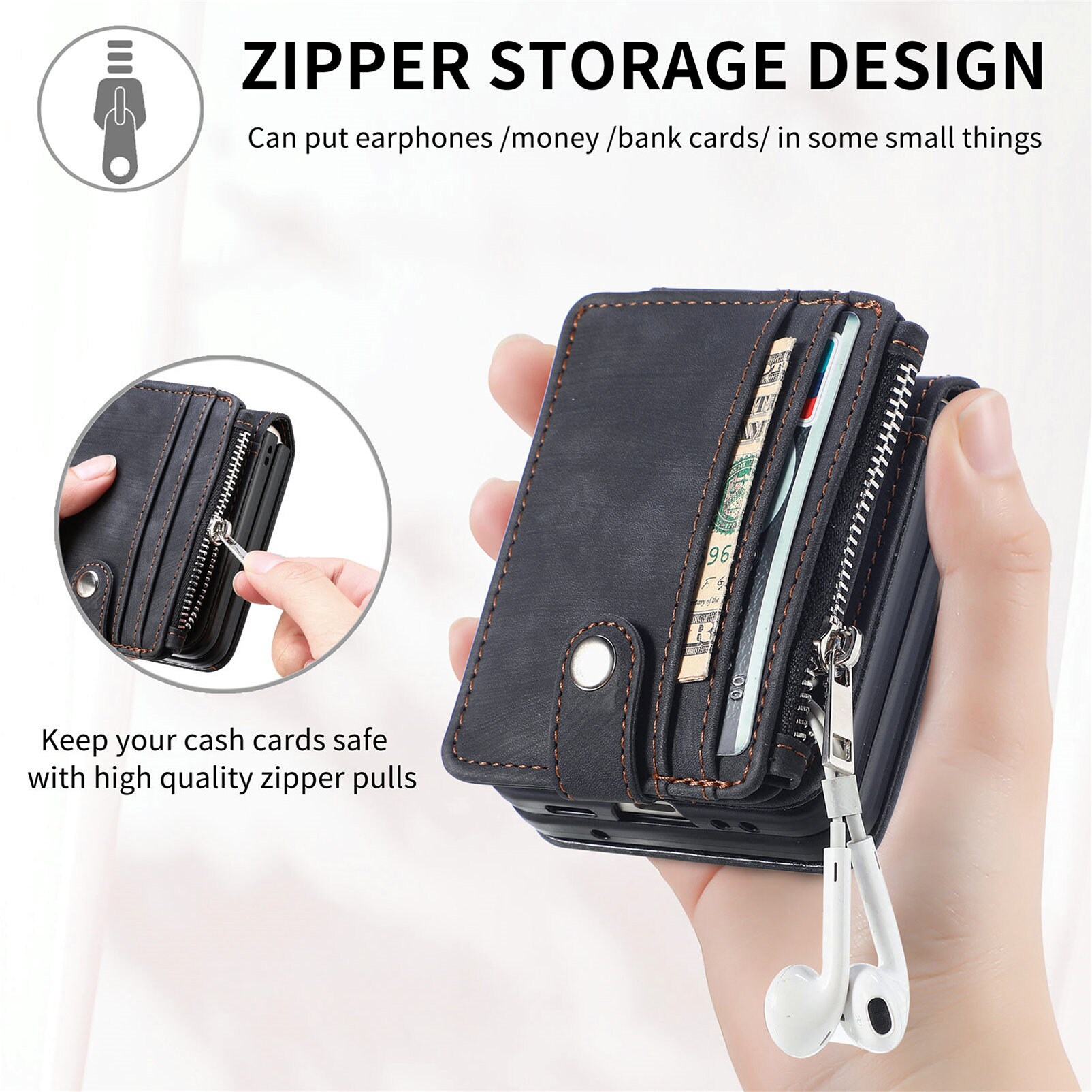 Samsung Galaxy Z Flip 7 Pung-etui med kortholdere og lynlås Sort