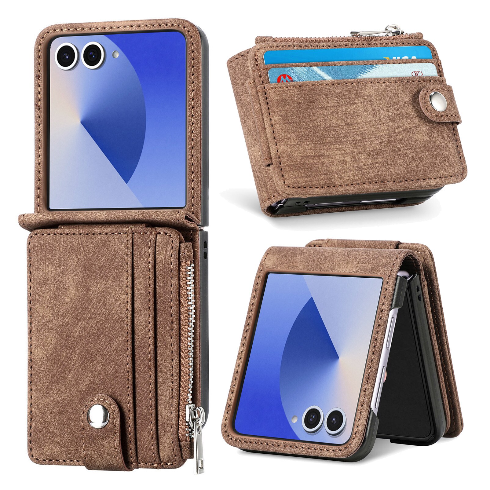 Samsung Galaxy Z Flip 7 Pung-etui med kortholdere og lynlås Brun