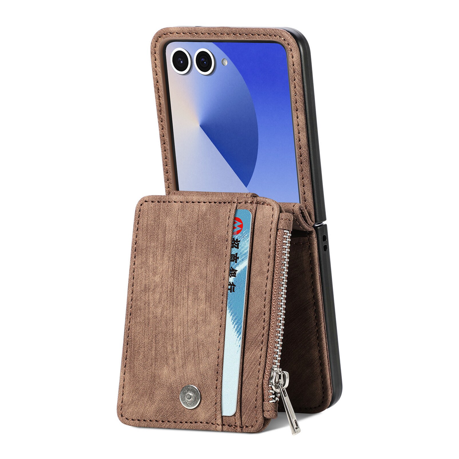 Samsung Galaxy Z Flip 7 Pung-etui med kortholdere og lynlås Brun