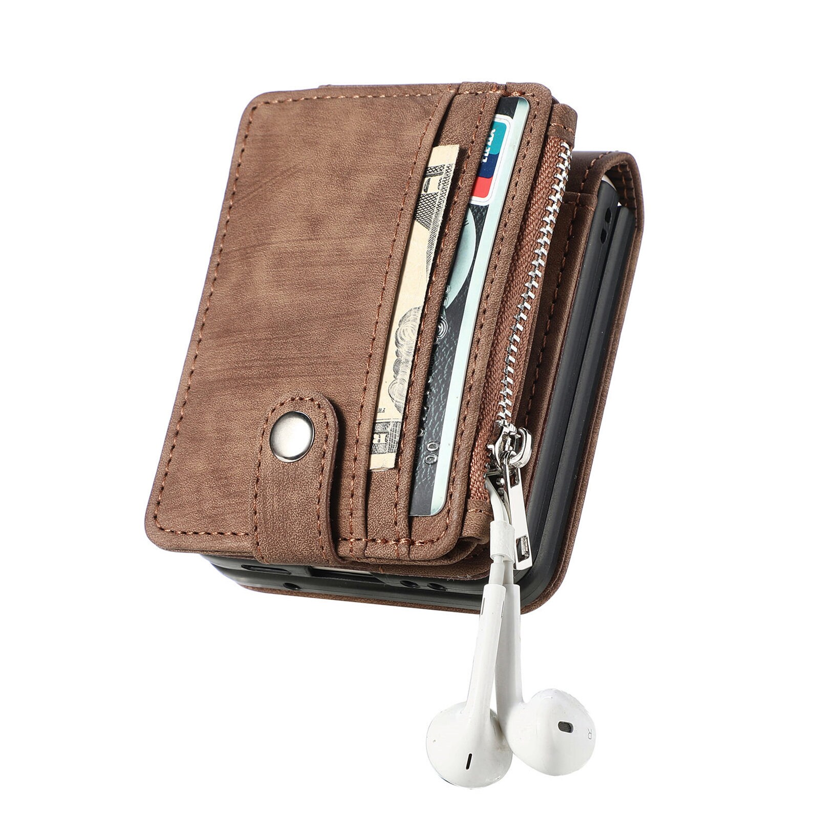 Samsung Galaxy Z Flip 7 Pung-etui med kortholdere og lynlås Brun
