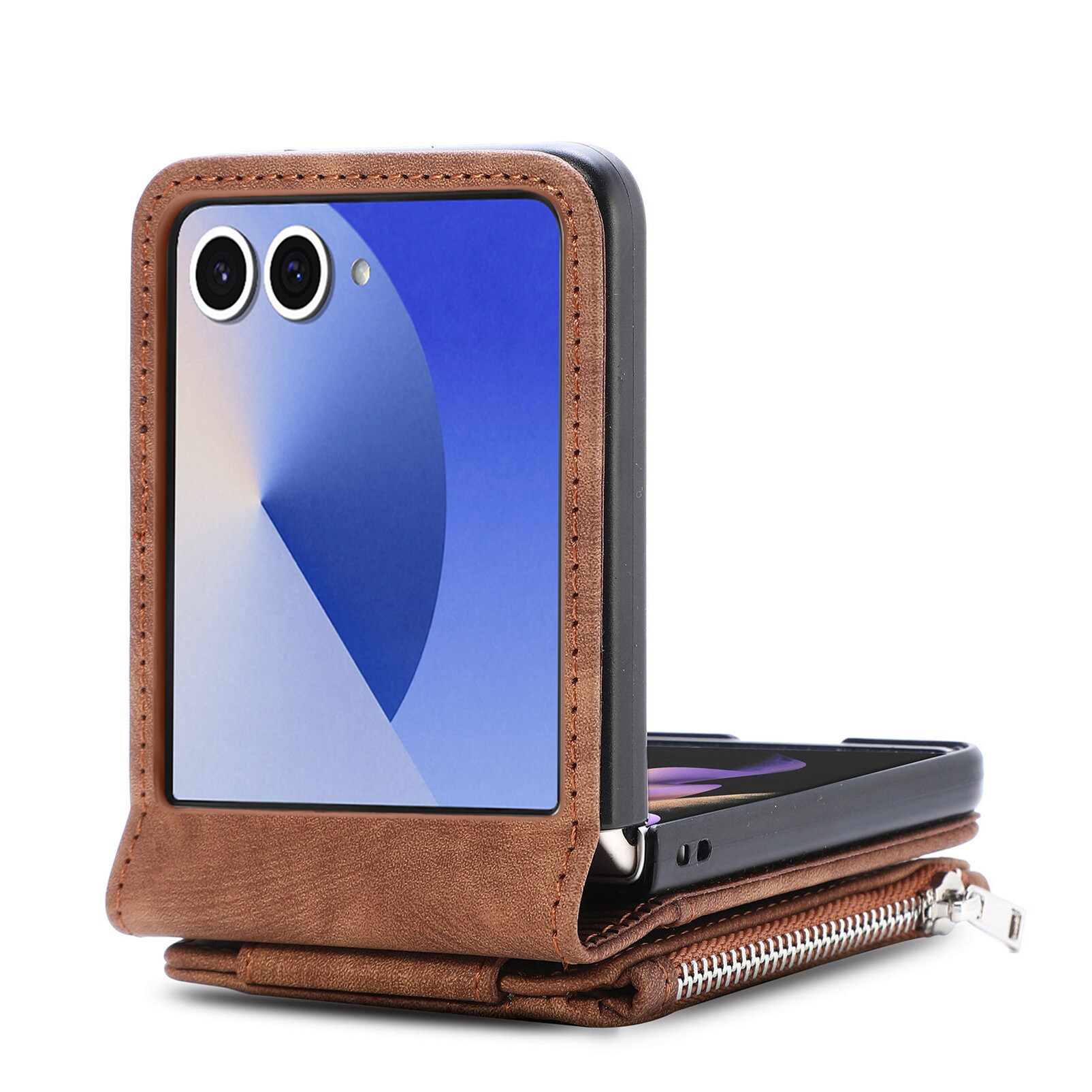 Samsung Galaxy Z Flip 7 Pung-etui med kortholdere og lynlås Brun