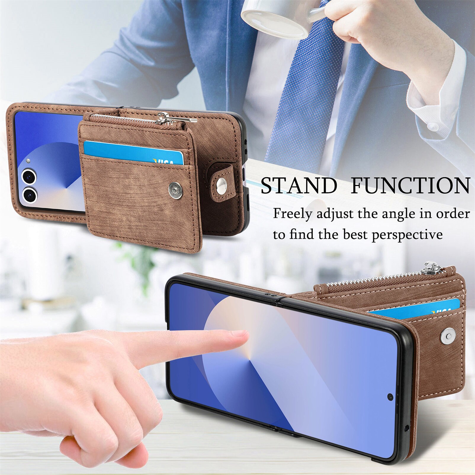 Samsung Galaxy Z Flip 7 Pung-etui med kortholdere og lynlås Brun