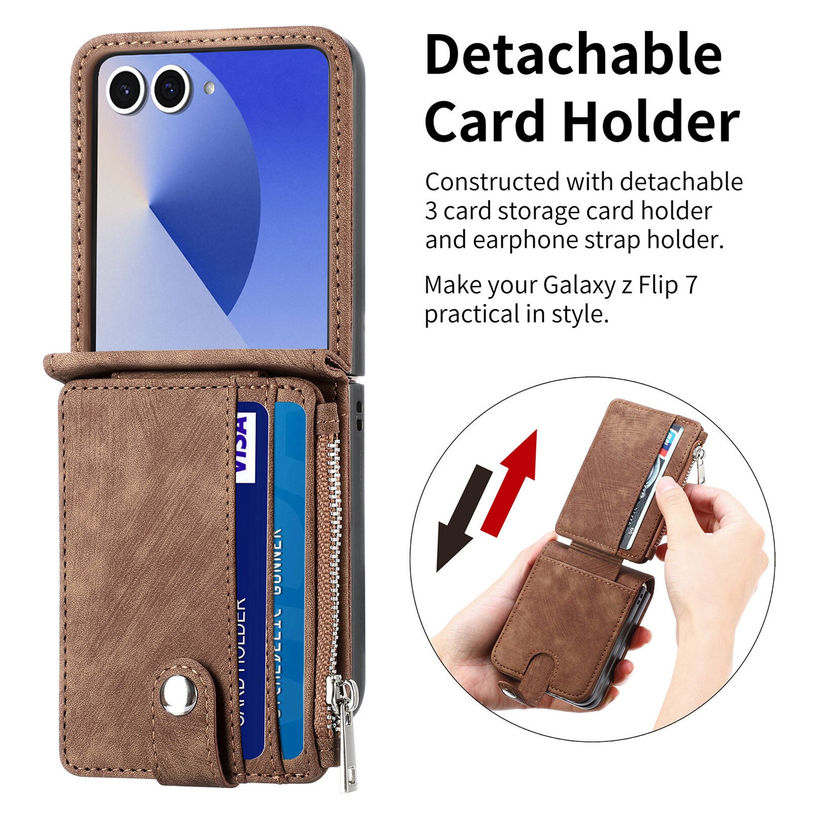 Samsung Galaxy Z Flip 7 Pung-etui med kortholdere og lynlås Brun
